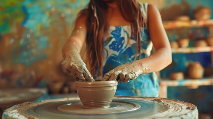 A woman in a blue apron with clay-covered hands shapes pottery on a wheel in a studio filled with tools and unfinished pieces, showcasing a creative process.