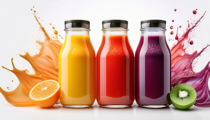 An artistic shot of three elegant bottles of cold-pressed juice