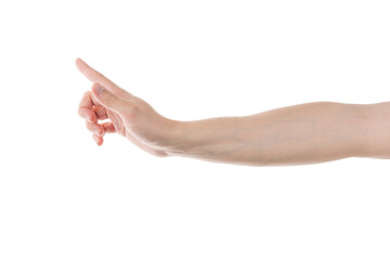 Wall Mural - young adult man hand touch or click something isolated on white