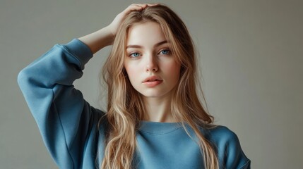 Poster - Young Woman With Blue Eyes in a Blue Sweater