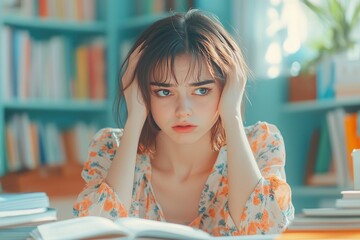 Wall Mural - A Young Woman Resting Her Head On Her Hands With A Book In Front of Her