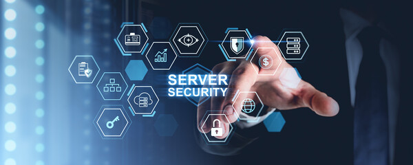 Poster - Man finger touch server security hologram with different icons
