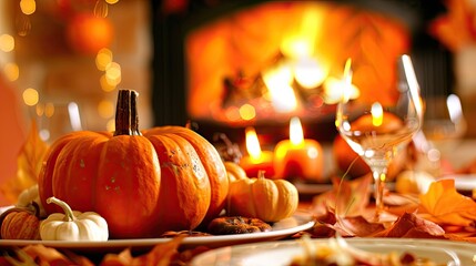 Poster - A cozy autumn dining room with pumpkins 