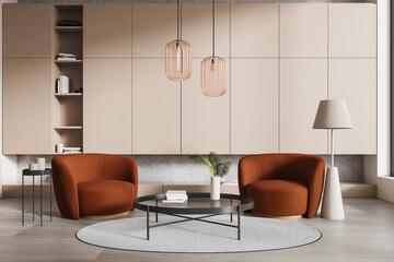 Wall Mural - Modern living room with orange armchairs and beige cabinets. 3D Rendering