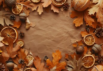 Wall Mural - Autumnal Frame with Dried Oranges, Leaves and Acorns