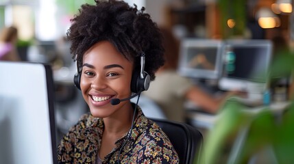 Smiling customer service representative with an afro hairstyle providing professional support while using a headset and computer in a modern office environment.