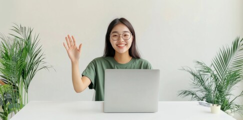 Sticker - Asian woman sitting at a white desk using a laptop and waving her hand.