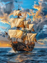 Wall Mural - A sailing ship on the open ocean, suitable for travel or adventure themes