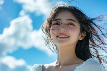 Wall Mural - Beautiful woman smiling hair blowing in the wind blue sky background.