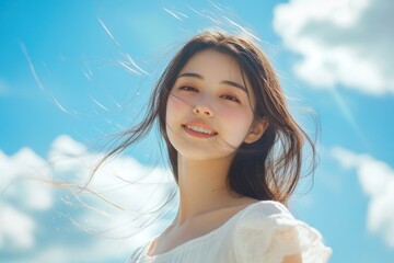 Wall Mural - Beautiful woman smiling hair blowing in the wind blue sky background.