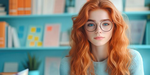 Wall Mural - Redheaded Woman with Glasses Looking at the Camera