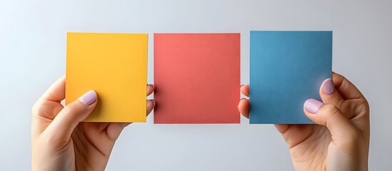 Hand holding colorful paper cards white background