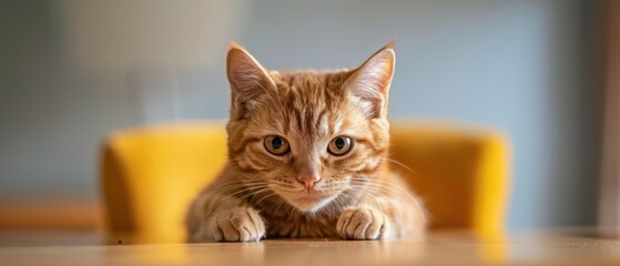 Canvas Print - A ginger cat with big eyes stares intently at the camera. AI.