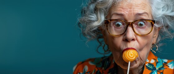 Canvas Print - A woman in glasses with a surprised expression eats a lollipop. AI.