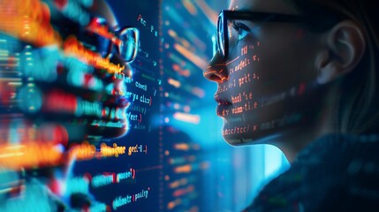 Poster - Woman's face is overlaid with code, symbolizing the digital world of programming.