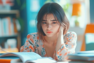 Wall Mural - Young woman with thoughtful expression leaning on her hand while studying