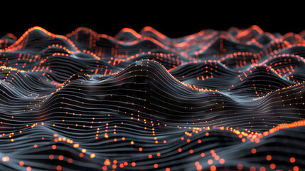 Poster - Abstract digital landscape with orange glowing dots on wavy lines against a black background, representing AI technology and futuristic innovation. Ideal for modern tech themes, highlighting connectiv