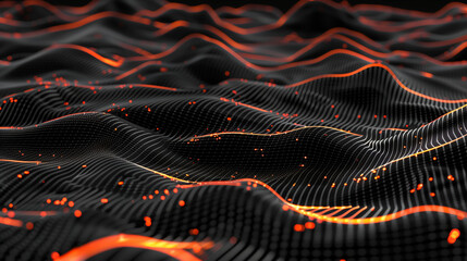 Poster - Abstract digital landscape with orange glowing dots on wavy lines against a black background, representing AI technology and futuristic innovation. Ideal for modern tech themes, highlighting connectiv