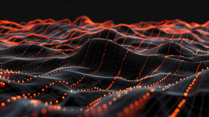 Poster - Abstract digital landscape with orange glowing dots on wavy lines against a black background, representing AI technology and futuristic innovation. Ideal for modern tech themes, highlighting connectiv
