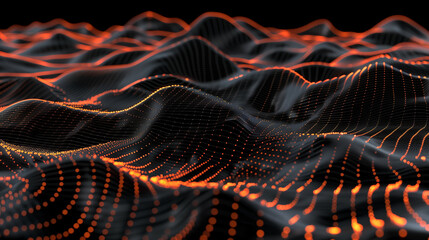 Poster - Abstract digital landscape with orange glowing dots on wavy lines against a black background, representing AI technology and futuristic innovation. Ideal for modern tech themes, highlighting connectiv