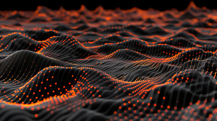 Aufkleber - Abstract digital landscape with orange glowing dots on wavy lines against a black background, representing AI technology and futuristic innovation. Ideal for modern tech themes, highlighting connectiv