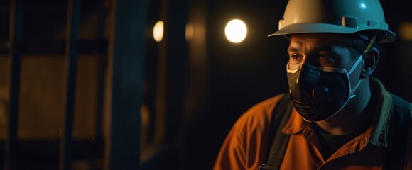 Wall Mural - A coal mine worker in coveralls and hard hat, putting on a face mask after a long day on site, heavy machinery working under mine, it is dark outside