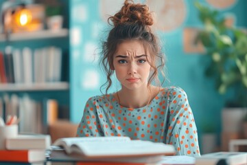 Wall Mural - Young Woman with Frown Studying at a Desk