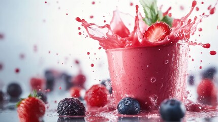 Wall Mural - Mixed berry smoothie splash on white surface, showcasing vibrant health benefits