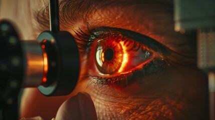 Macro shot of an eye specialist examining a red eye under magnification..