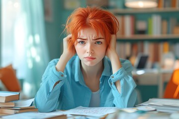 Wall Mural - Young Woman with Red Hair Sitting at Desk with Papers and Books