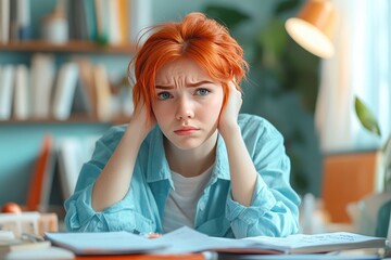 Wall Mural - Frustrated Young Woman with Red Hair Studying at a Desk