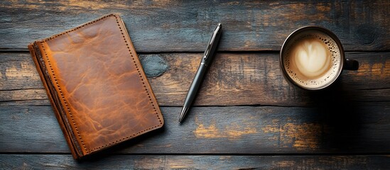 Wall Mural - Top down view of office desk with leather notepad coffee pen and space for writing