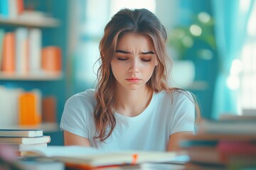 Wall Mural - Woman with furrowed brow studying with books on a table