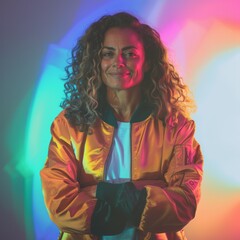 Wall Mural - Medium shot of Portrait of happy mixed race woman with curly hair wearing bomber jacket and white t-shirt standing smiling arms crossed,