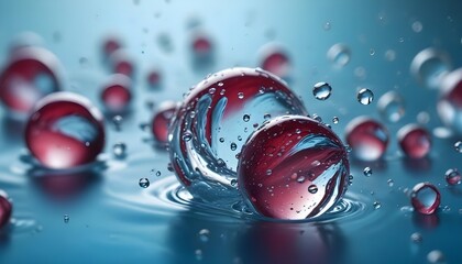 A close-up shot of a group of water droplets, with one larger droplet in the center and smaller droplets surrounding it.