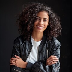 Wall Mural - Medium shot of Portrait of happy mixed race woman with curly hair wearing bomber jacket and white t-shirt standing smiling arms crossed,