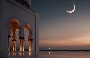 Wall Mural - Majestic Mosque Archways Under Crescent Moonlight at Dusk