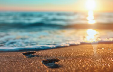 Sticker - Footprints on Sandy Beach at Sunset by Calm Ocean Waves