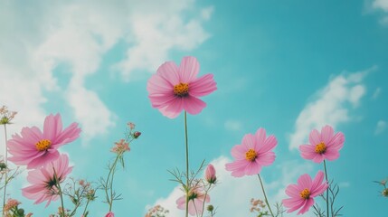 Wall Mural - Pink Cosmos Flowers Against a Blue Sky