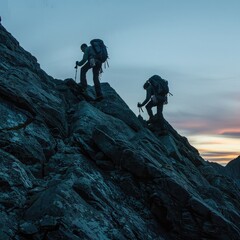 Poster - Silhouettes of two hikers supporting each other while climbing a rocky mountain as the sky transitions to dusk.