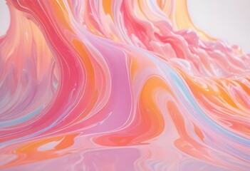 Wall Mural - Abstract image of flowing, liquid paint in shades of pink, orange, and white. The paint forms smooth, curving shapes, creating a dynamic and abstract effect.