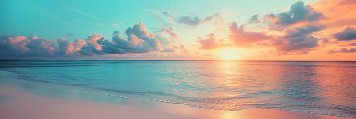 Wall Mural - beautiful sunset on the beach with a beautiful sky and clouds. romantic summer background. view from