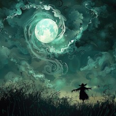 Poster - A chilling sky with a full moon, swirling clouds, and the silhouette of a scarecrow in a field.