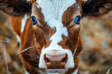 Poster - A brown and white cow with blue eyes looking at the camera