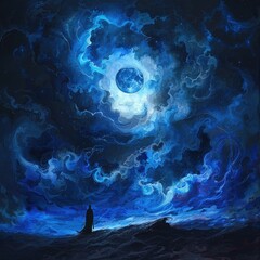 Poster - An ominous sky with a deep blue moon, swirling clouds, and the silhouette of a dark figure in the distance. 