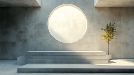 Wall Mural - Abstract of architecture space with rhythm of circle concrete block and light and shadow of the sun,3D render, Generative AI