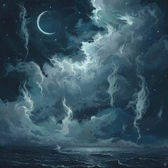 Poster - A chilling night sky with storm clouds, a pale crescent moon, and ghostly apparitions floating in the darkness. 