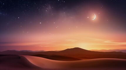 Wall Mural - Desert Dunes Under Twilight Sky With Crescent Moon and Stars