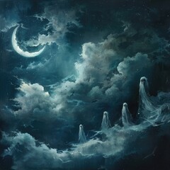Poster - A chilling night sky with storm clouds, a pale crescent moon, and ghostly apparitions floating in the darkness. 