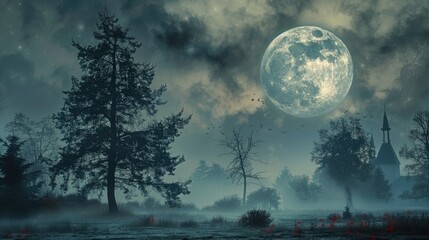 Poster - A creepy Halloween sky with a foggy full moon, haunted trees, and distant church bells. 